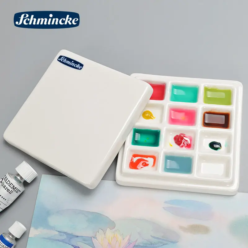 German Schmincke Professional 12 Grid Ceramic Color Palette, Ceramic Cover, Use for Acrylic, Watercolor, Gouache, Pigment Palett