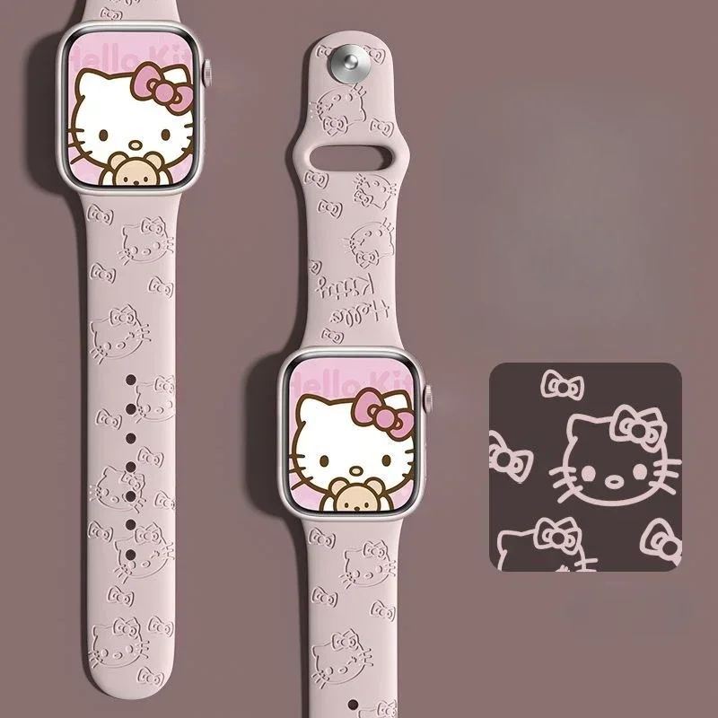 Sanrio Hello Kitty Laser Engraved Print Suitable for Apple Watch Silicone Strap Girl Cartoon IWatch Series 9/8/7/6/5 Watch Band