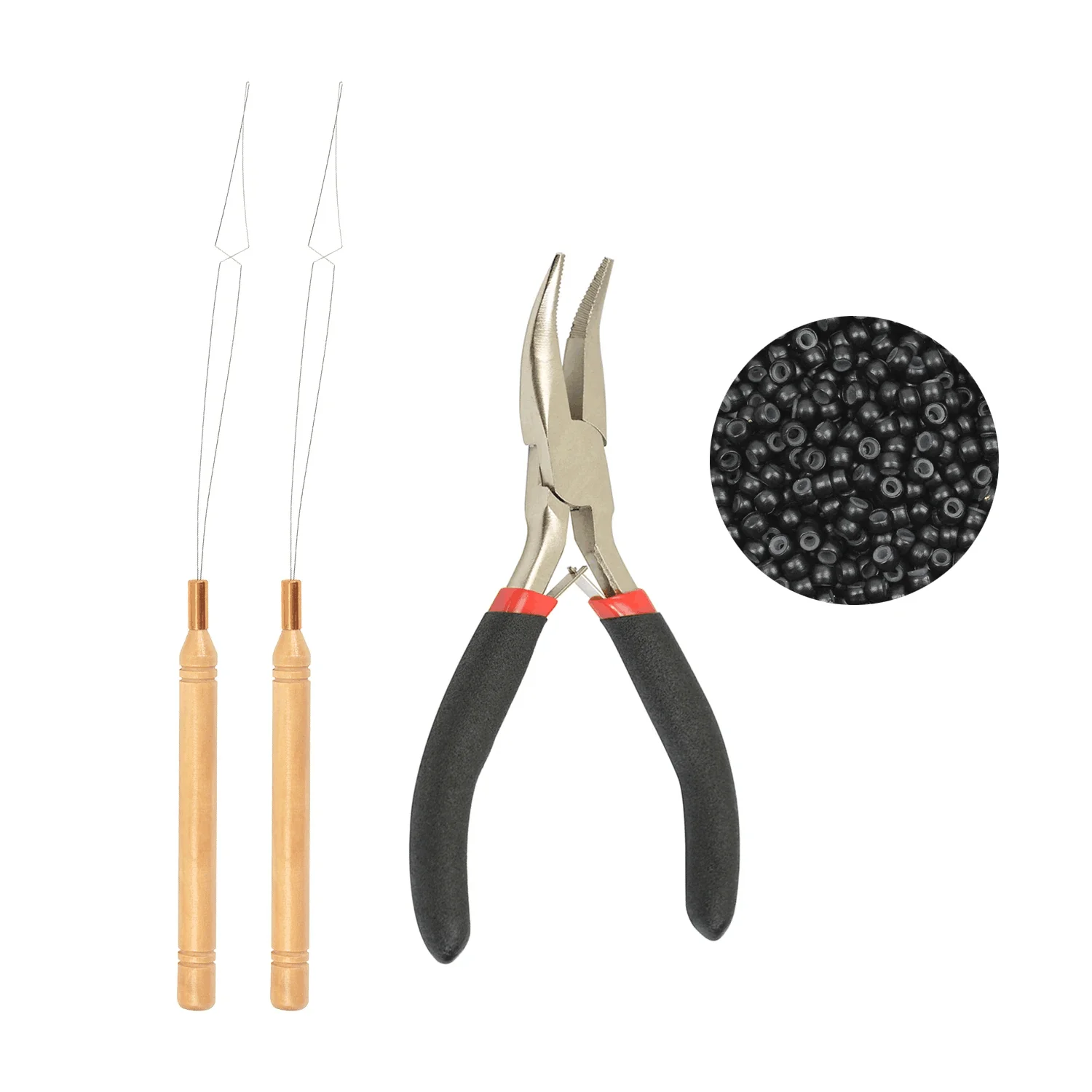 200Pcs 3.0mm Micro Links Silicone Rings Beads 1Pc Black Handle Hair Plier 2Pcs Loop Needle Threader for Hair Extensions