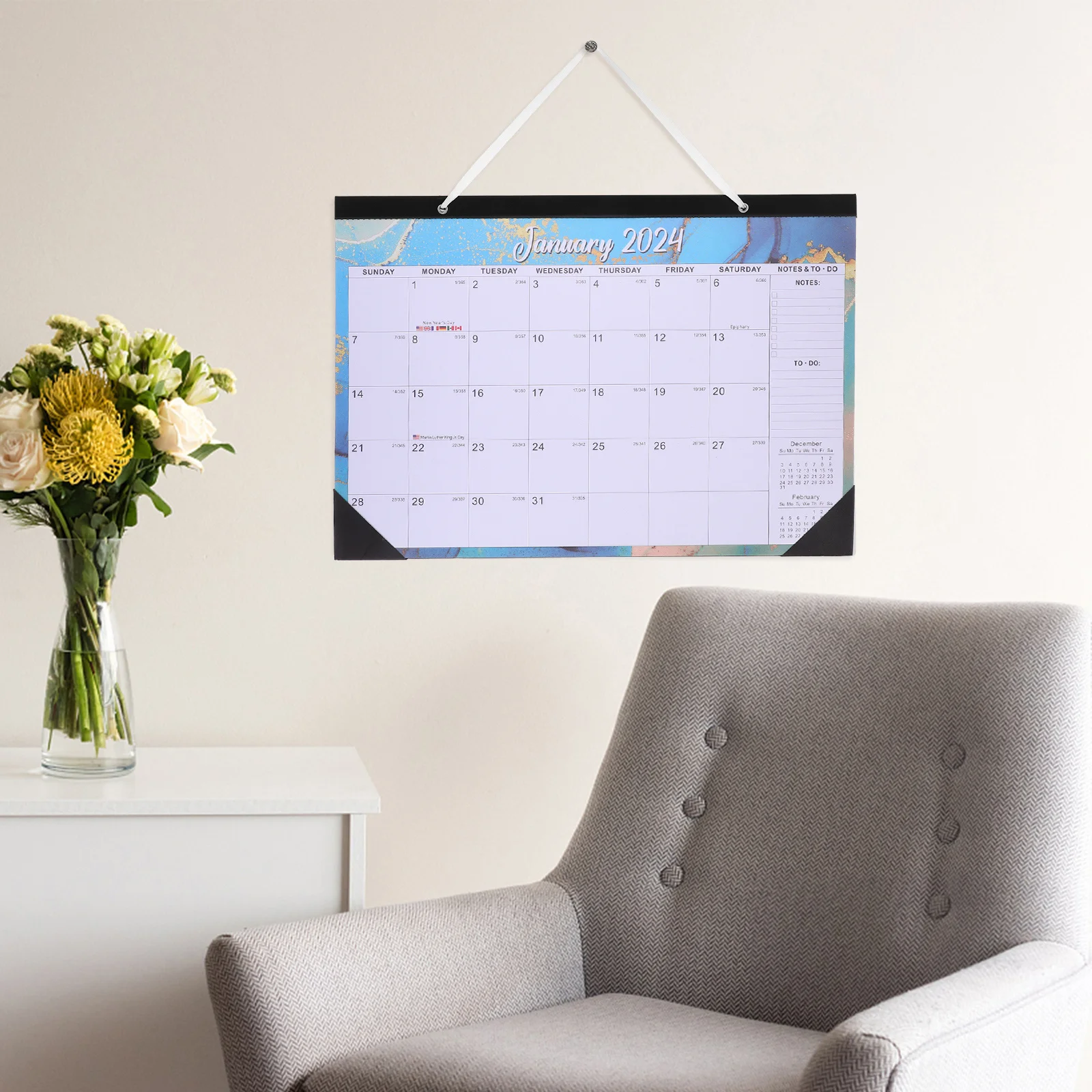 Настенный календарь для ежедневного использования на 2024 год, ежемесячный планировщик на английском языке, прочное место для заметок, настенный календарь на 2024 год, офисные принадлежности, офисные аксессуары