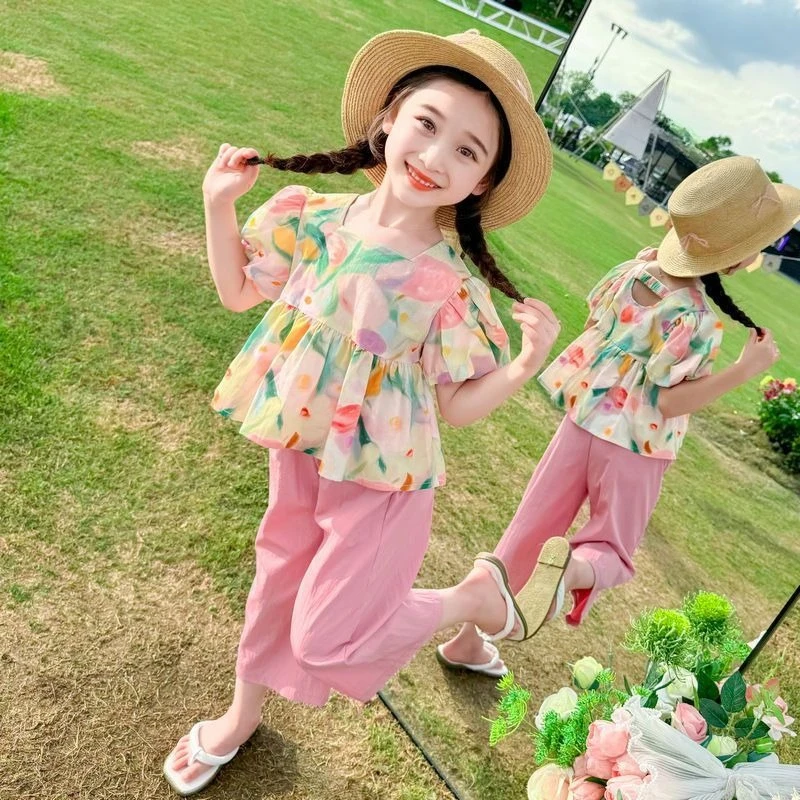 Girls Summer Outfit 2026 New Stylish Kids Clothing Set Lightweight Floral Top Wide Leg Pants 2 Piece Casual Wear for Girls