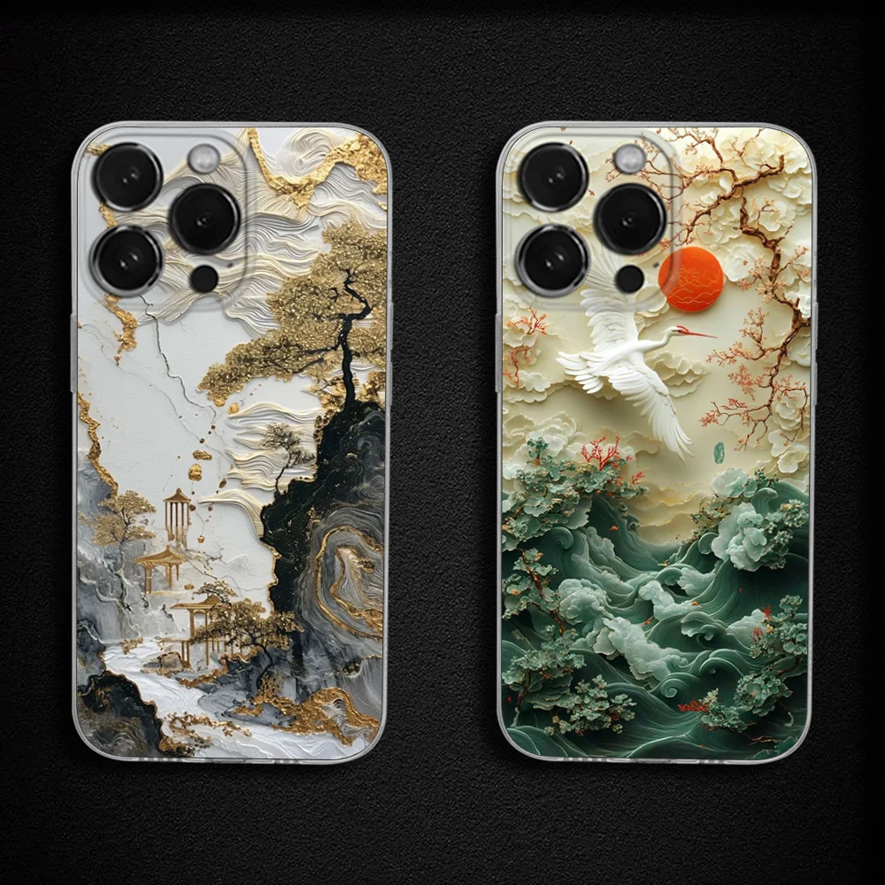 

Mountain Painting Marble Pattern Phone Case For iPhone 16,15,14,13,12,11 Plus,Pro,Max,XR,XS,X,Plus,SE,Mini Transparent Cover