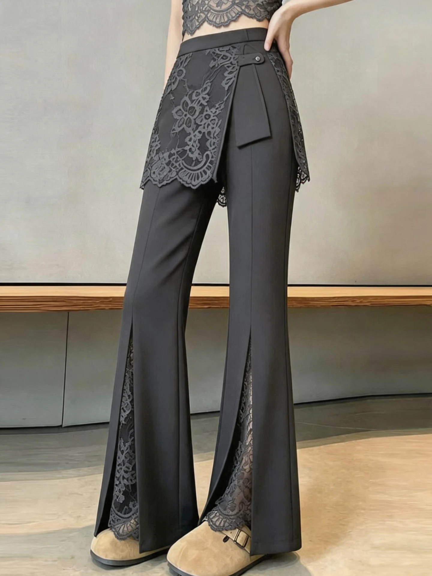 Slimming Lace Patchwork Micro Flared Pants Women's Casual Trousers High Waist Zipper Closure Polyester Fiber Asymmetrical Design