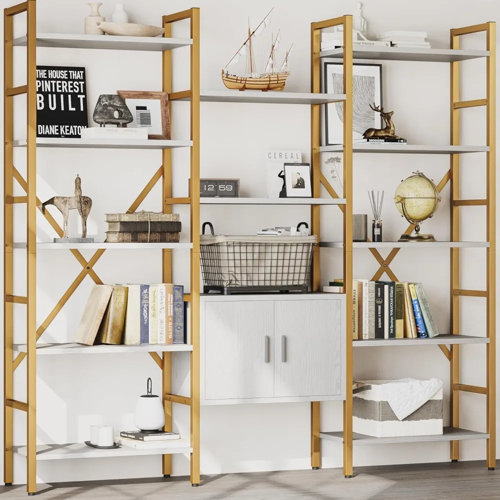

5-Tier Industrial Bookcase - 14 Open Shelves + Storage Cabinet, Gold Metal Frame for Home/Office