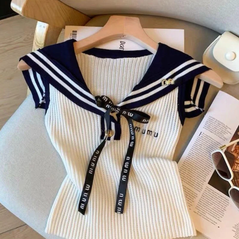 Verão carta bordado tricô regata roupas femininas estilo preppy laço retalhos gola de marinheiro sem mangas pullovers topos