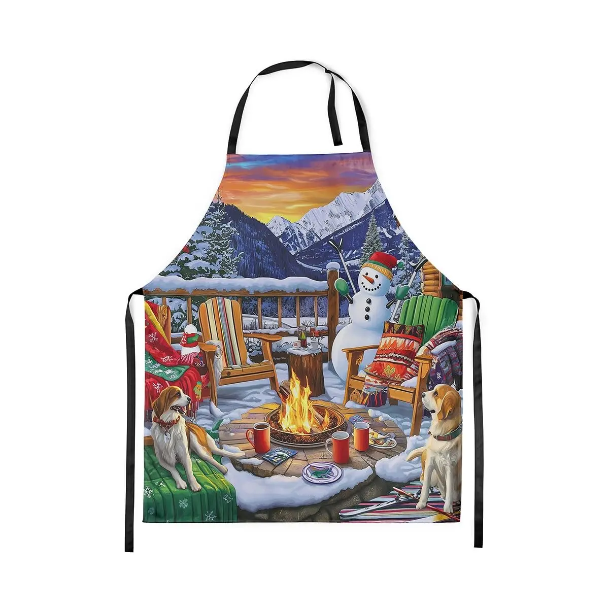 

Snowman Apron Dogs Snow Adjustable Waterproof Apron for Waitress Waiter Chef Chair Cabin Mountain Sunset Woodland Bonfire