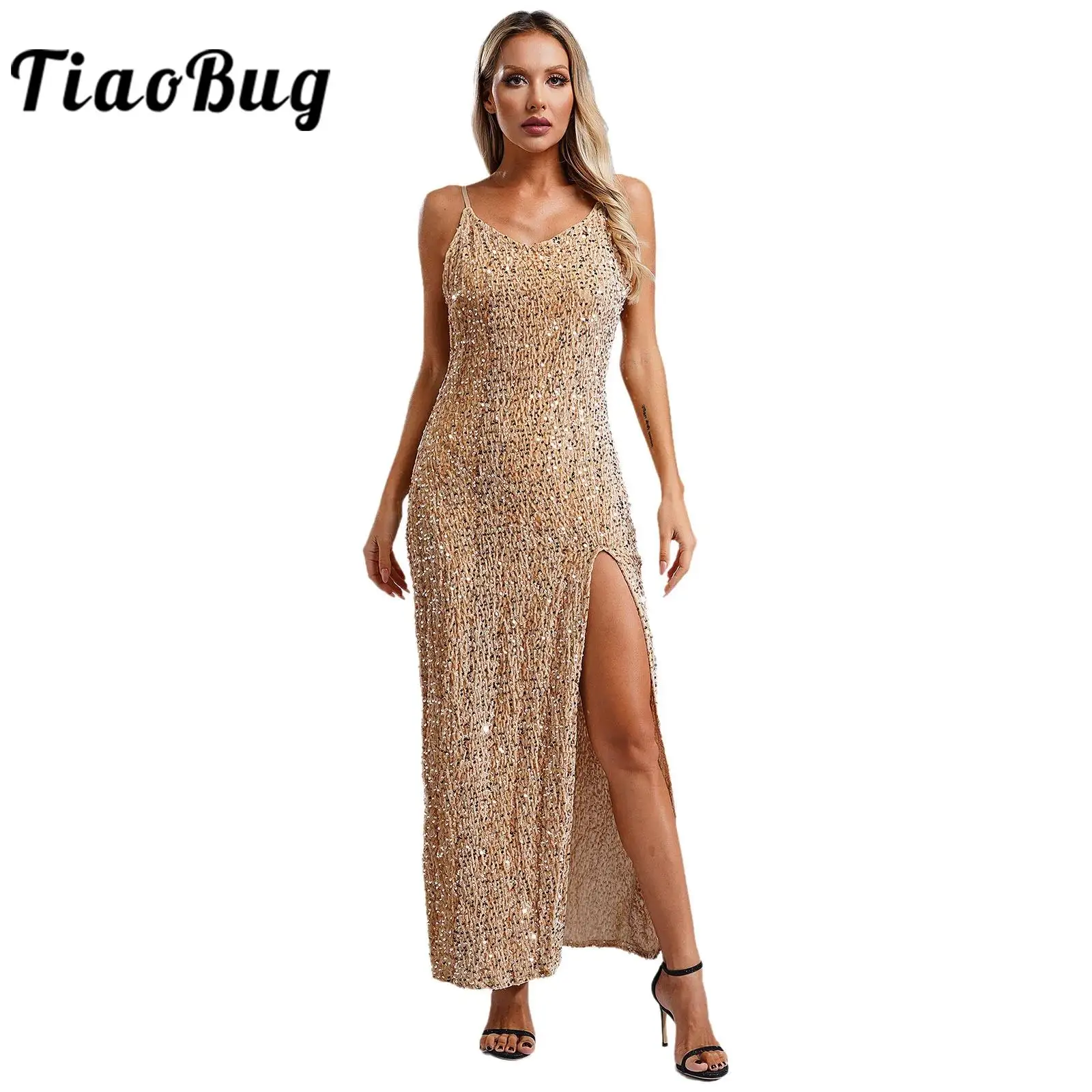 Elegant Camis Dress for Women V Neck Sequin Glitter Dress Evening Gown Cocktail Party Maxi Dresses De Festa Vestido Feminino