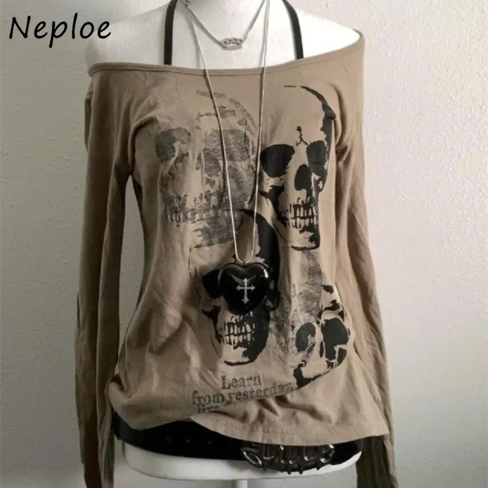 Neploe Literary Vintage Slim Y2K American Fairycore Ropa Mujer Spice Girls Skeleton Print Shirt Slash Goth Loose Harajuku Tops