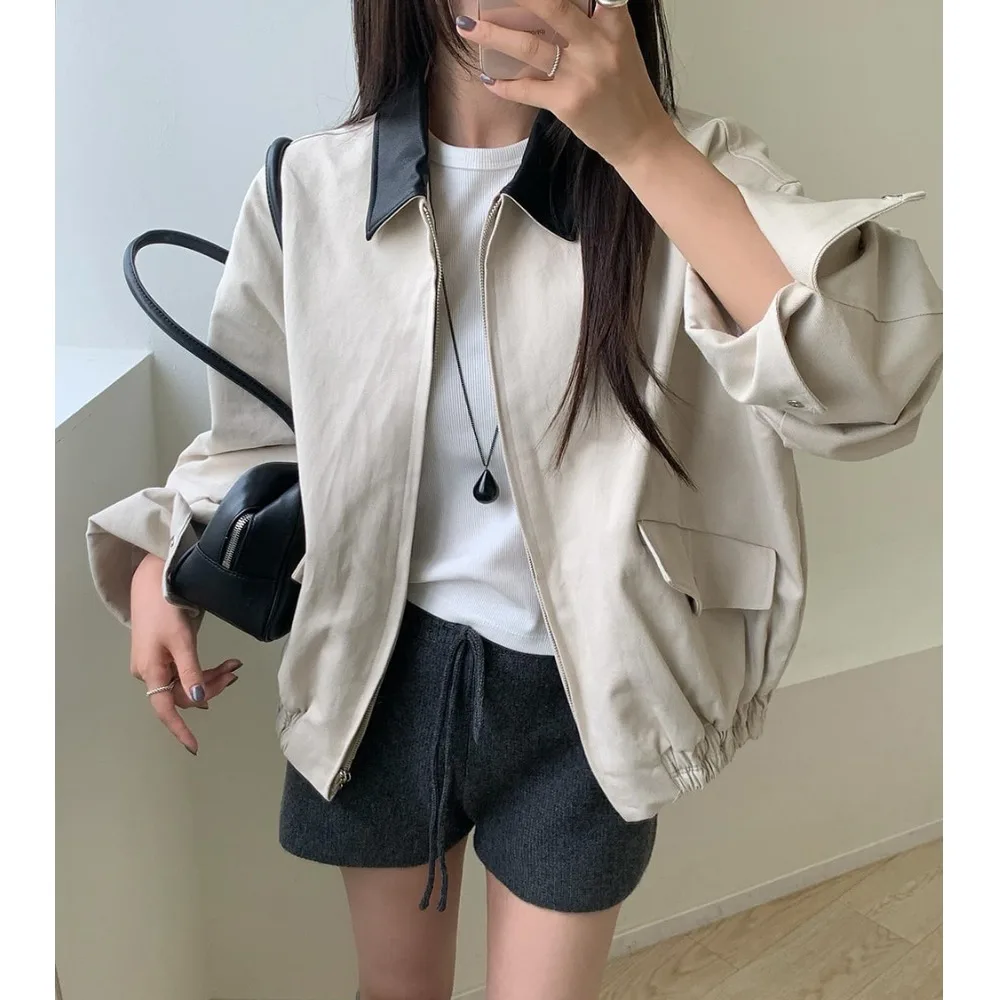 

Chic Casual Loose Women's Leather Jaet Color Blo Collar up Outerwear Faionable Autumn Winter New Sle Versatile Coat