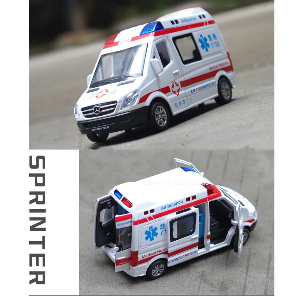 1/32 Ambulance Car Models Toys Alloy Diecast with Light Sound Rescue Vehicle 5 Doors Opened Cars Boy Collection Decoration Gifts