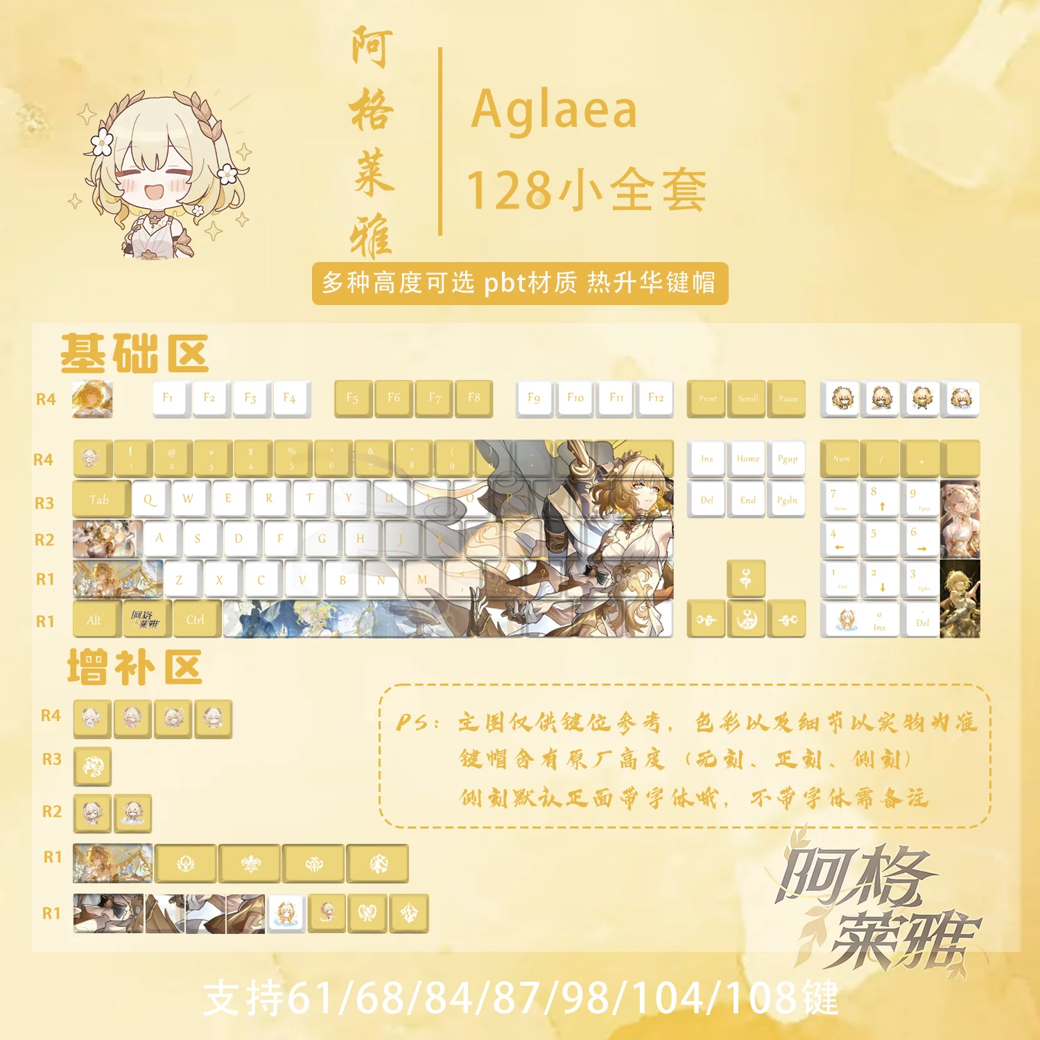 

128 клавиш Aglaea Keycaps Honkai Star Rail PBT Dye-Sub с подсветкой, милые колпачки для клавиш в стиле аниме, подарок для ANSI 61 68 87 104 108 клавиатуры