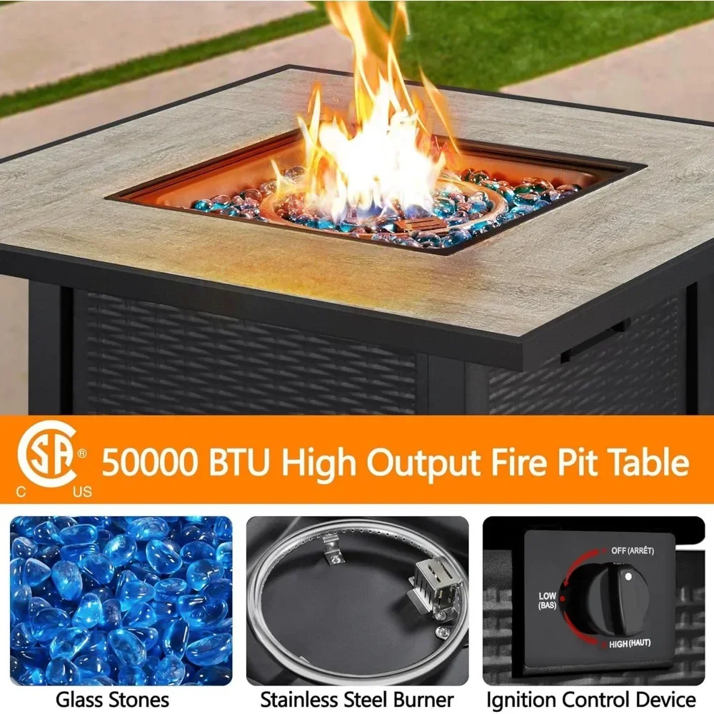 Propane Gas Fire Pit Table, Ceramic Tabletop and Blue Fire Glass for Outdoor with Rattan Pattern Steel Base/Lid, Fire Table