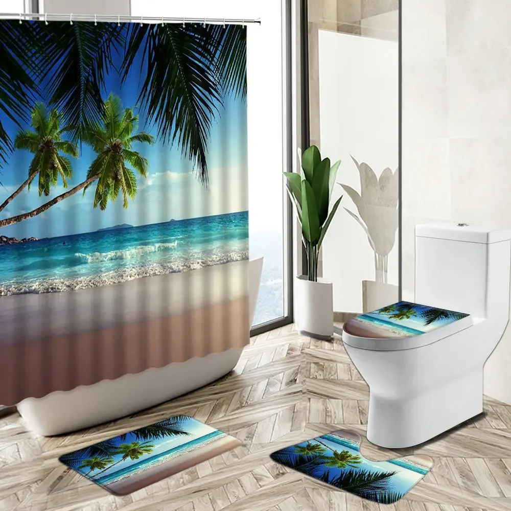 Blue Ocean Scenery Shower Curtain Tropical Green Plant Palm Tree Boat Resort Home Deco Bath Mat Toilet Cover Bathroom Carpet Set