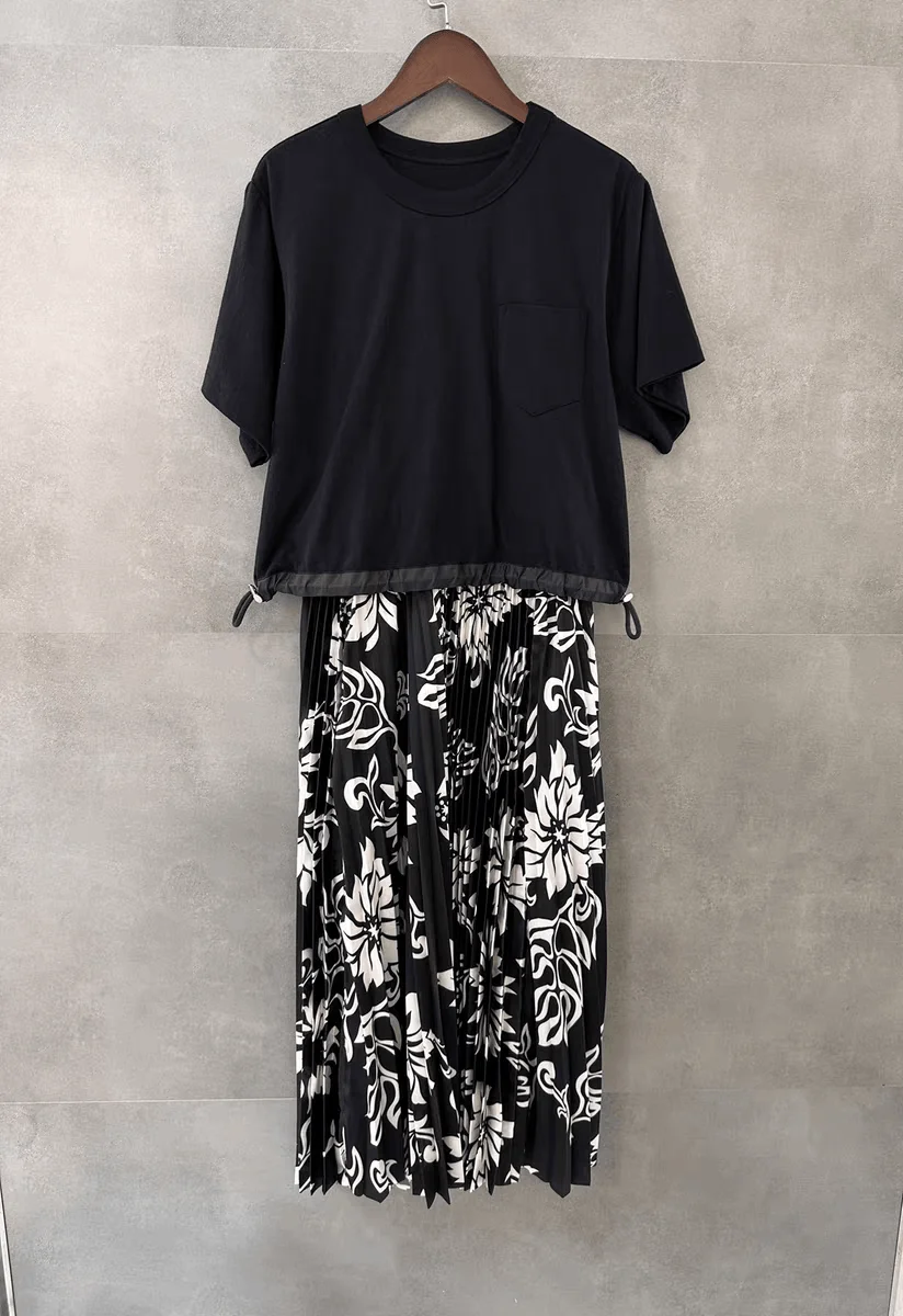 

FOG SCAI Summer 2024 Hepburn Sle Pleated Skirt Dr round Ne Splicing Faionable Cotton Polyester Blend Commute Dr