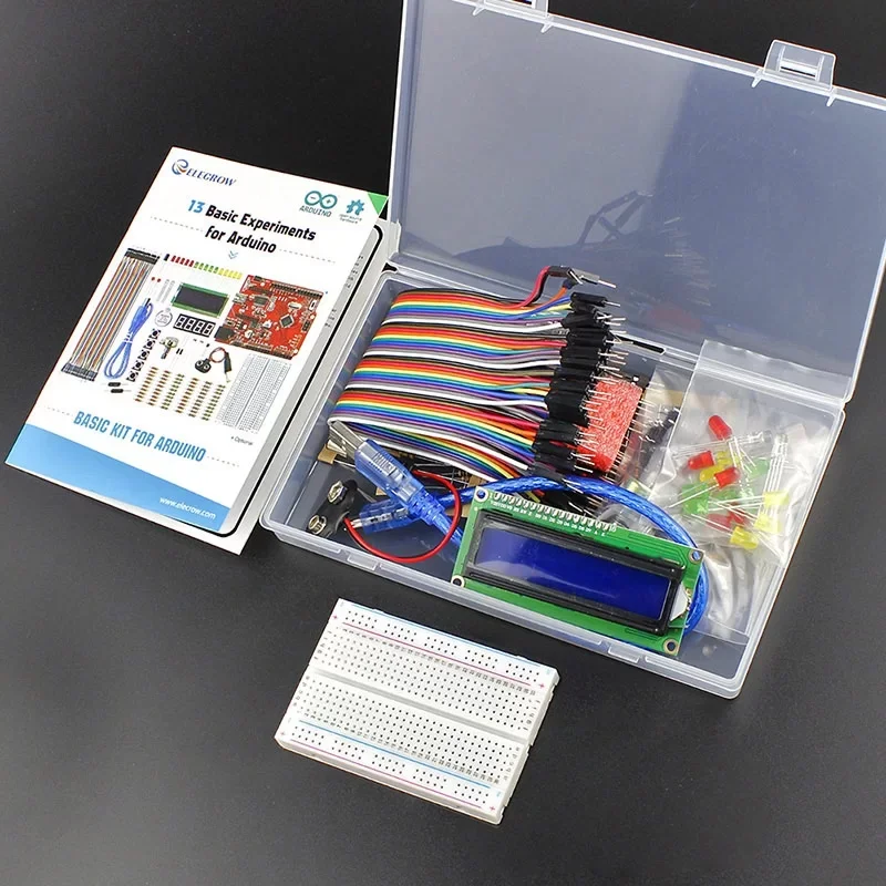 Kit electrónico completo de bricolaje para Arduino, 13 cursos con guía, placa de pruebas, cable de puente, luz LED para Arduino Nano