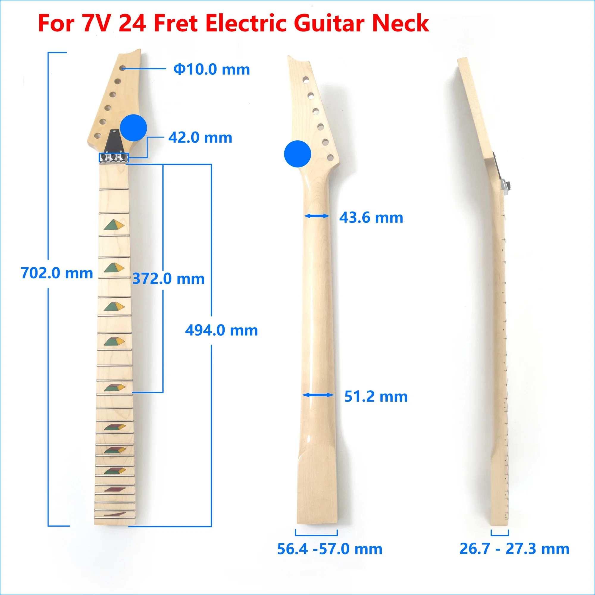 24 Frets Electric Guitar Neck Maple Pyramid Inlays 10mm Peg Holes with Logo for 7V Style Guitar Neck Replacement Parts