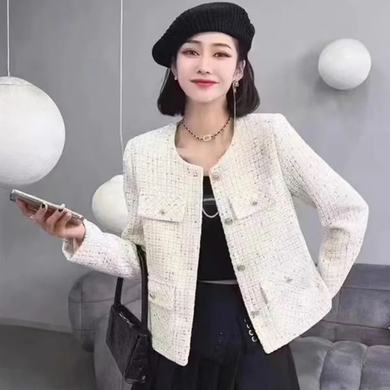 Abrigo pequeño fragante para mujer, chaqueta de Tweed recortada, manga larga de un solo pecho, ropa de lujo de gama alta para oficina, prendas de vestir exteriores para mujer, Otoño, nuevo