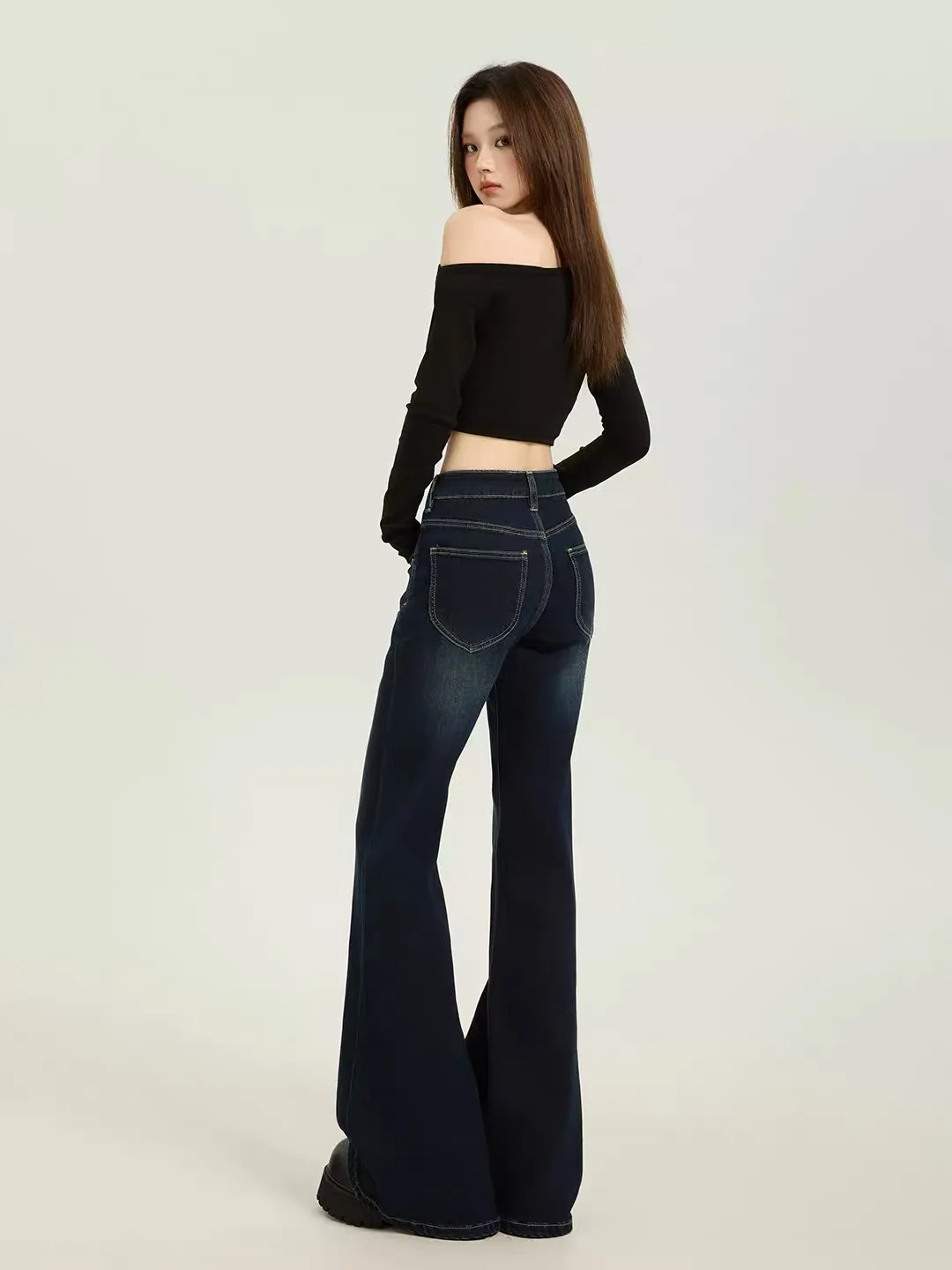 Deep Blue American Style Bell Bottoms Loose Fit Low Waist Jeans Casual Wide Leg Pants for Students High School And College