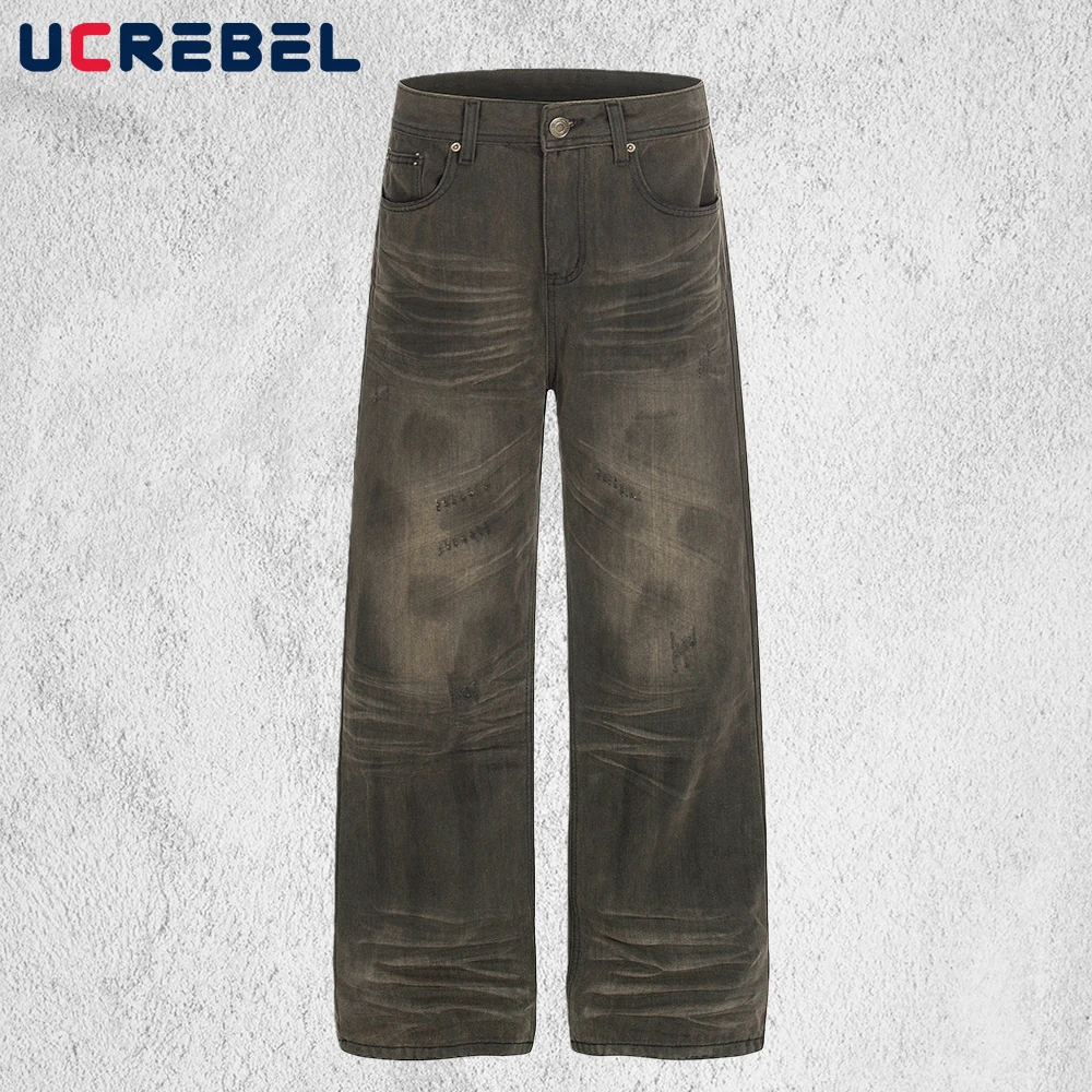 Retro Dirty Jeans Mens Ripped Retro High Street Washed Distressed Wide Leg Straight Baggy Denim Pants Man