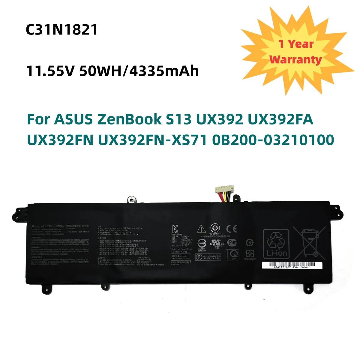 C31N1821 Laptop Battery For ASUS ZenBook S13 UX392 UX392FA UX392FN UX392FN-XS71 0B200-03210100 11.55V 50WH