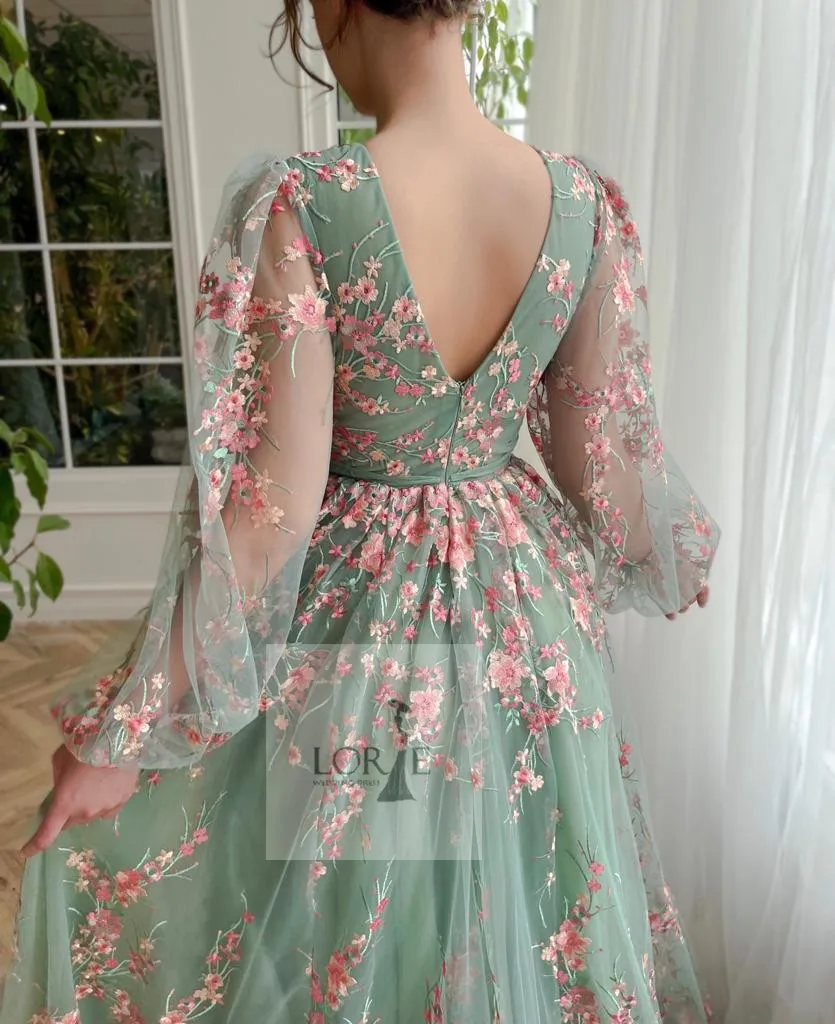 LORIE-Robe de Bal Verte à Manches Bouffantes, Col en V, Longueur de Rincage, Motif Floral Brodé, Fleur de Prunier, Tenue de Soirée Formelle