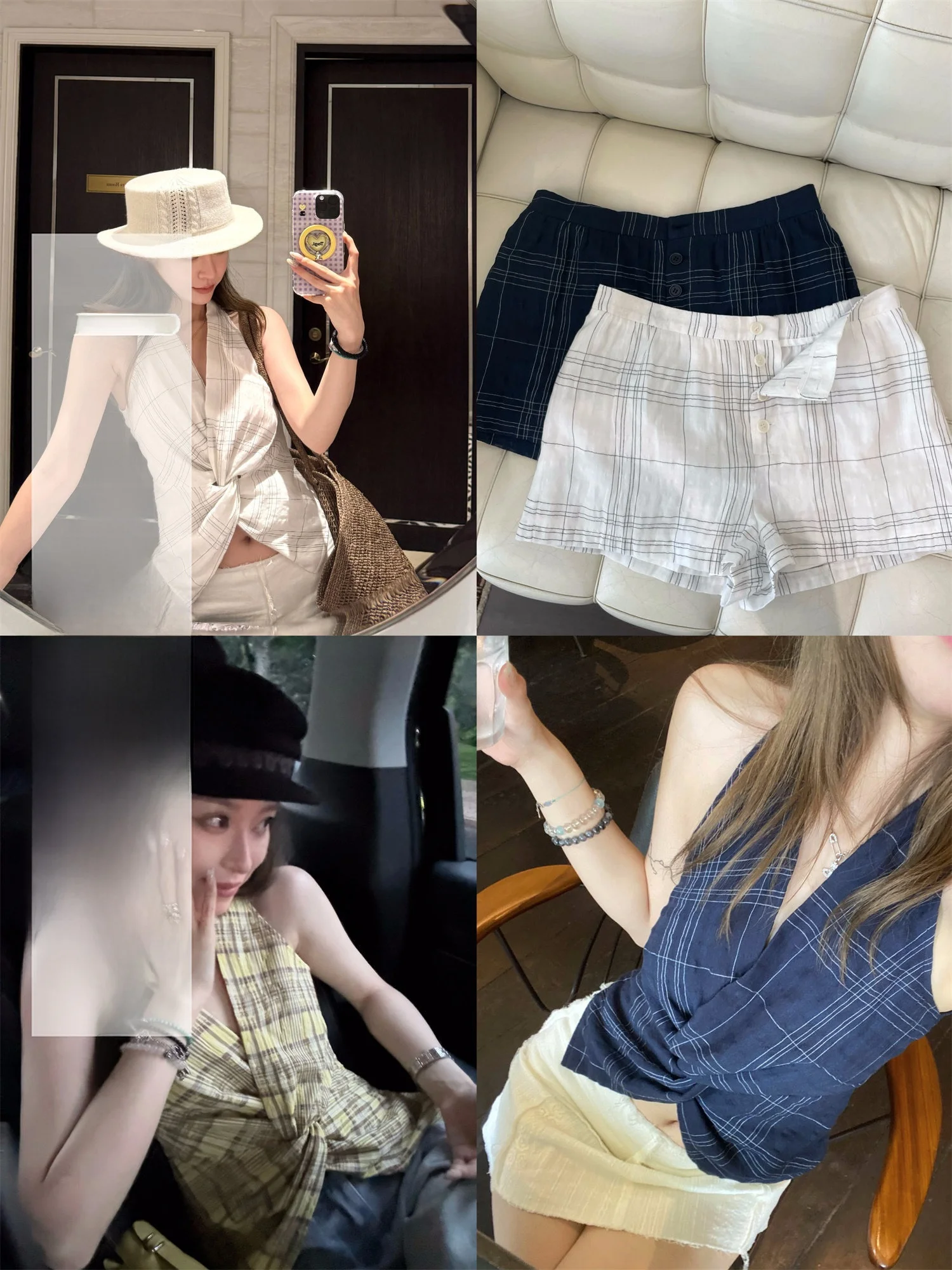 

Очаровательный комплект из топа и шорт в клетку с завязками на талии, 3 цвета, повседневный стиль, модный и простой дизайн.