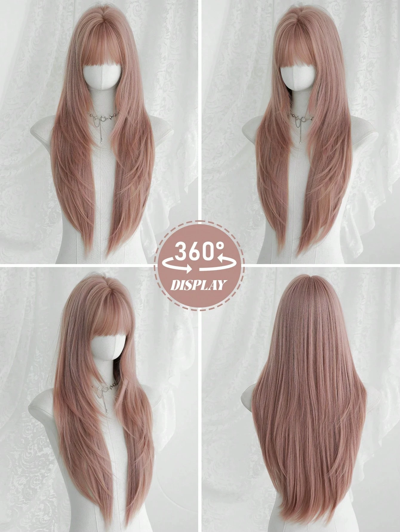 

30inch Pink Long Straight Wig (Women's Style), Fluffy Synthetic Wig with Bangs, Natural Looking and Very Soft Artificial Heat-Resistant Synthetic Fiber Hair Wig, Fully Machine-Made Exquisite Wig, Suitable for Girls Attending Music Festivals and Parties