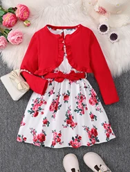 Girls are fashionable, casual and cute, pit strip, wrinkled, lace, long-sleeved shirt, flower pattern printed dress, belt set, c