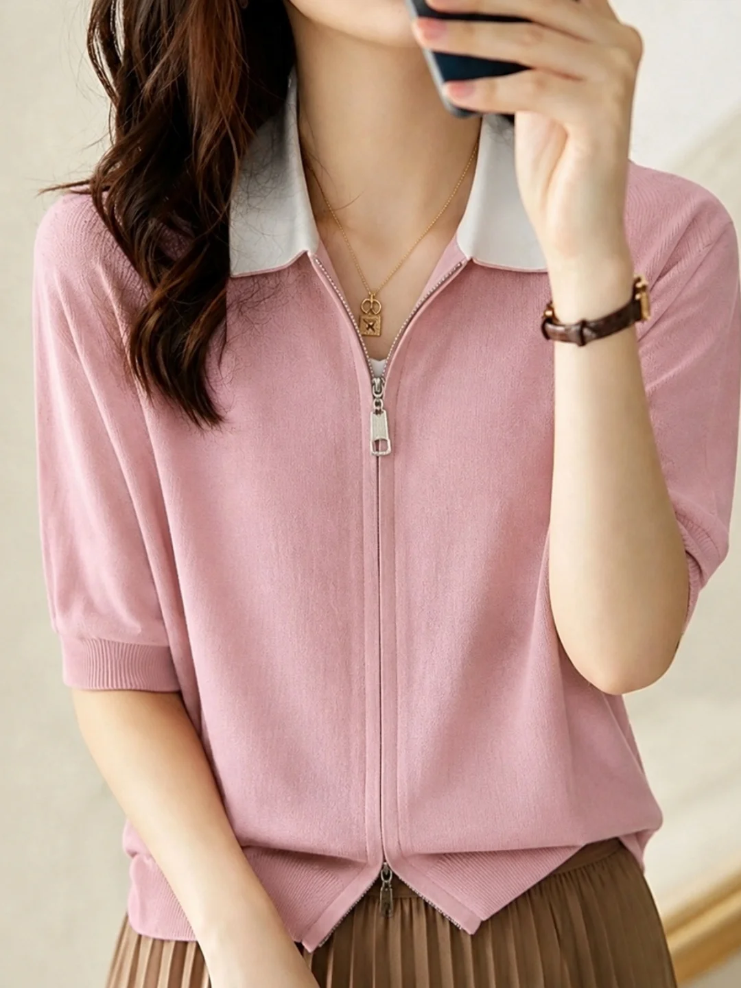 Korean Style  Neck Knitted Sweater Zipper Top Women's Fashion Color Block Design Autumn New Arrival Soft Straight Cut Shirt