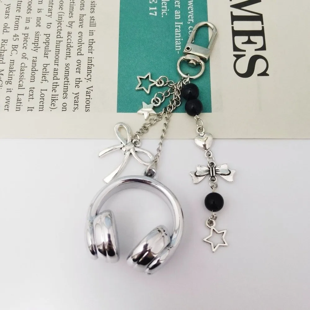 Legierung 3D Kopfhörer-Form Schlüsselanhänger Schwarz Silber Schleife Stern Perlen Taschenanhänger Multifunktionale Hängende Dekorative Anhänger Bestes Geschenk – Detail 5