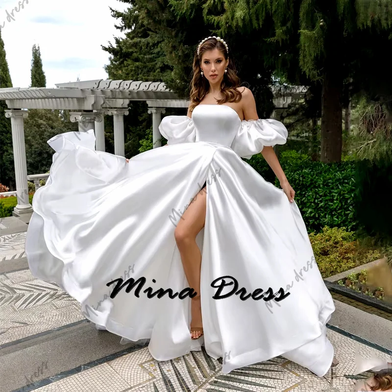 

Mina Customized Puff Sleeves Wedding Dress Es High Slit Evening Dresses Woman Elegant Luxury Evening Dress 2024 Dubai Ball Gowns