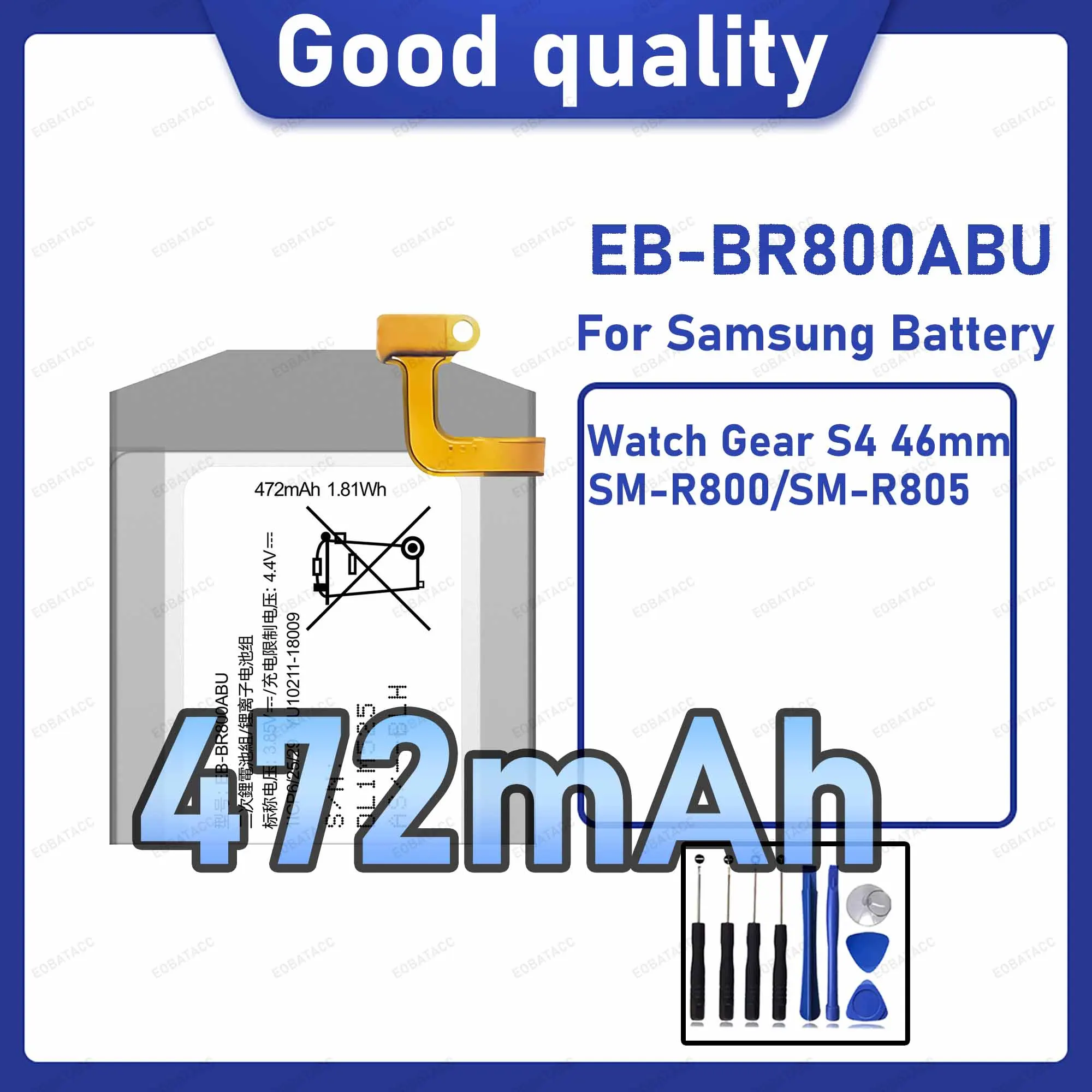 472mAh EB-BR800ABU Replacement Battery for Samsung Watch Gear S4 46mm/SM-R800/SM-R805  with Repair Tools Kit