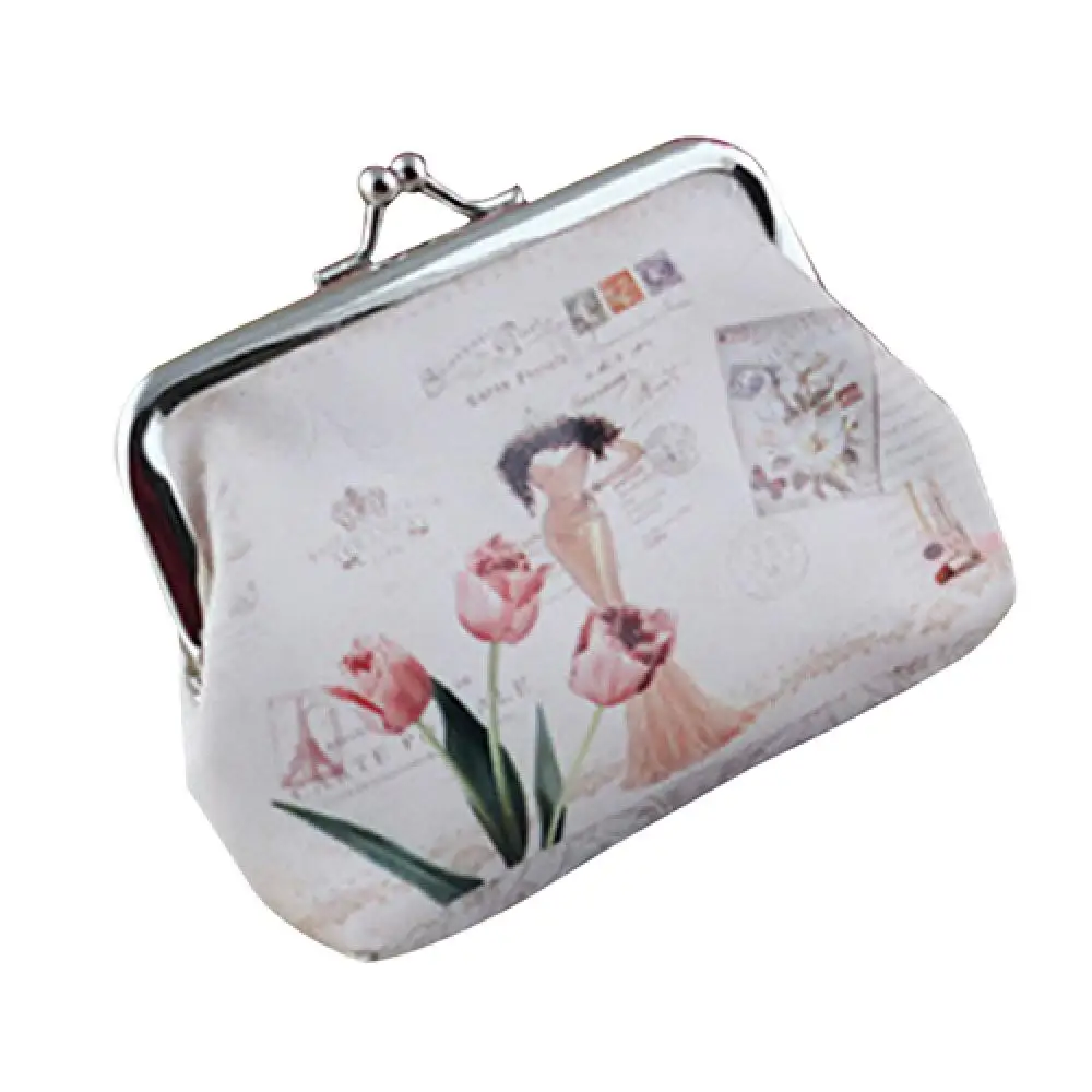 

Faux Leather Women Coin Purses Flower Printed Clasp Top Purse Clutch Bag Key Coin Card Holder Wallet