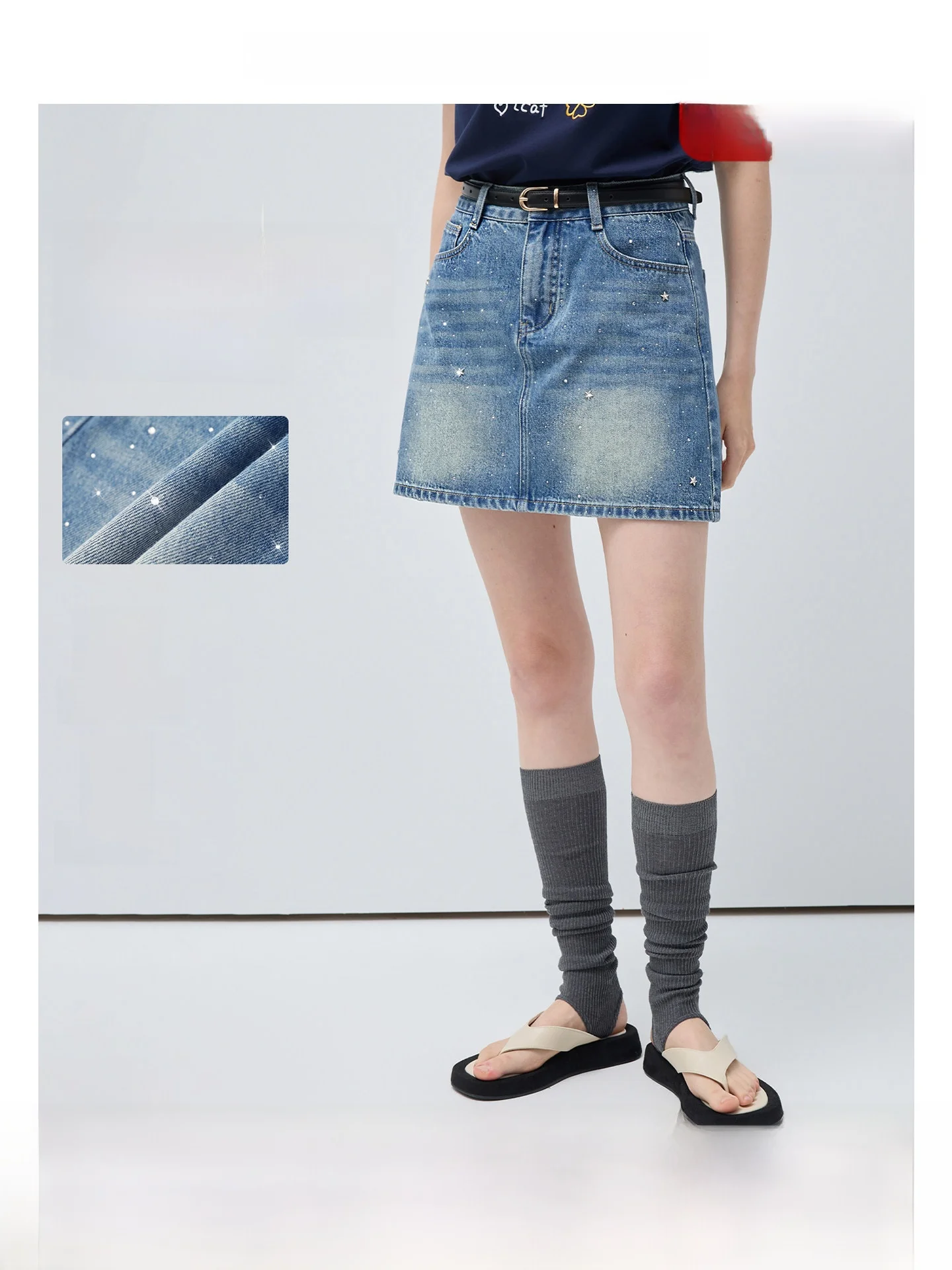 

VEGA CHANG Women's A-Line Skirt Diamond Embellied High Waist Denim ort Skirt Lengthening Legs Effect Spring 2026