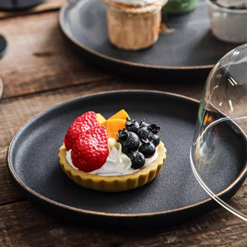 Cake Tray, Tableware, Household Glass Cover with Lid, Circular Gold Edged Frosted Ceramic Fruit Tray, Dessert Bread Display Tray