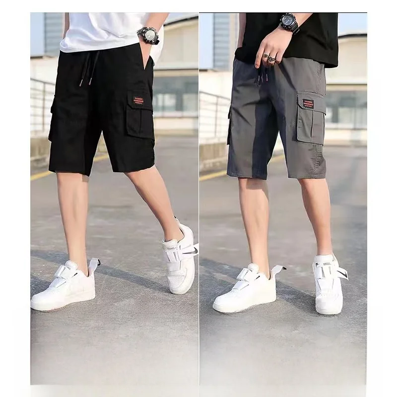 

Летние мужские повседневные свободные брюки с пятью точками, тонкие хлопковые молодежные рабочие брюки, модные брендовые брюки свободного покроя для подростков