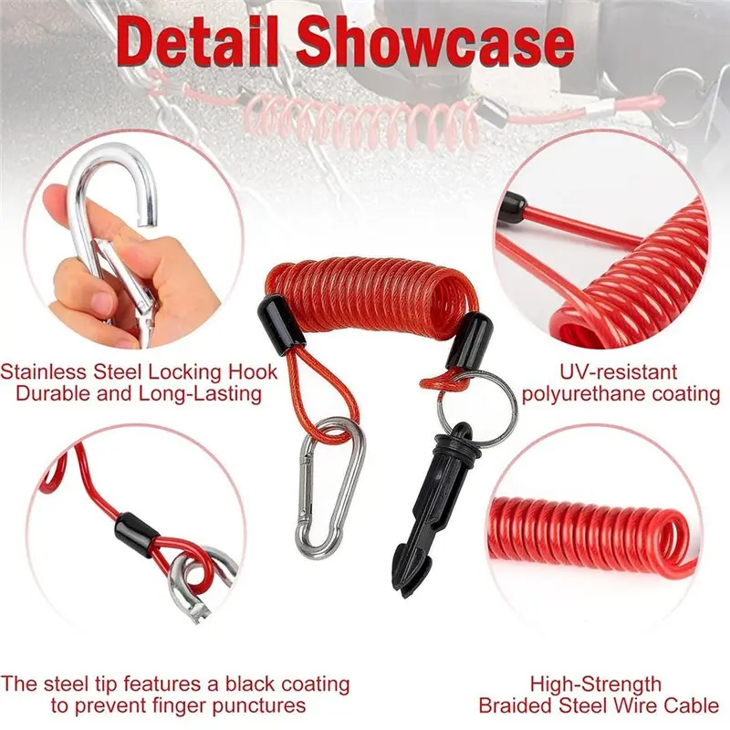 A41I Emergency Brake Safety Lanyard With Pin, 6FT Breakaway Cable In Stainless Steel Spring Coiled Wire For Trailers,Heavy Duty