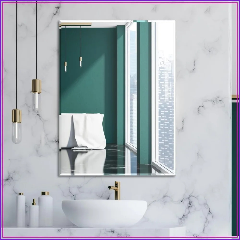 

Frameless Bathroom Mirror for Wall, Rectangle Beveled Edge, Tempered Glass Shatterproof, 32x24 inch, Hangs Horizontally or Vertically