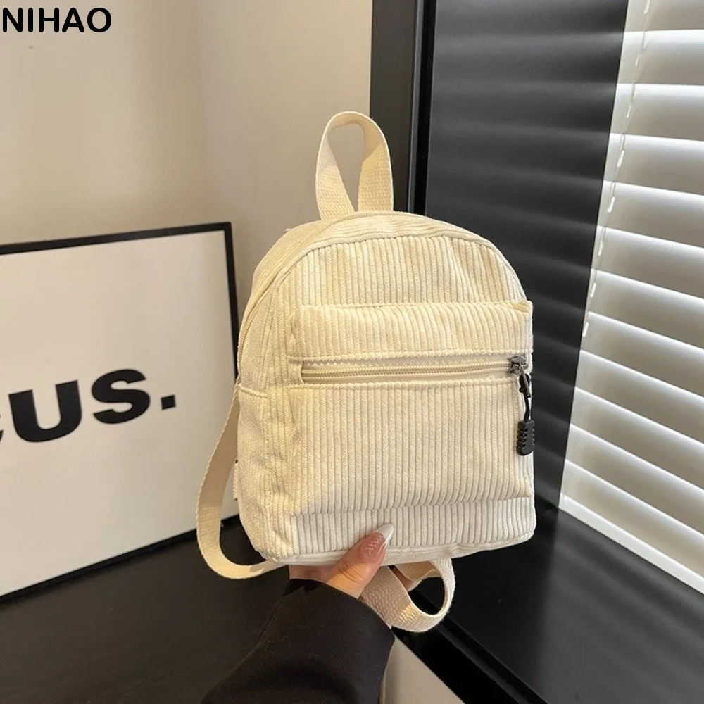 Fashion Solid Color Corduroy Mini Backpack Zipper Multi Pocket Double Shoulder Bag Lightweight Portable Daypack Girls