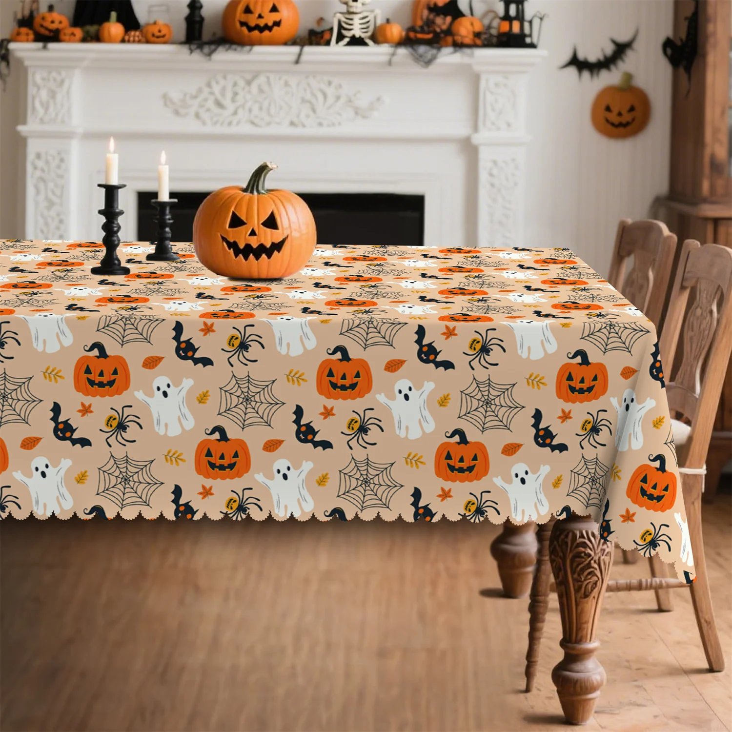 Pumpkin lantern, bat, spider web, dried leaves, Halloween tablecloth, suitable for rectangular and round tableszyc