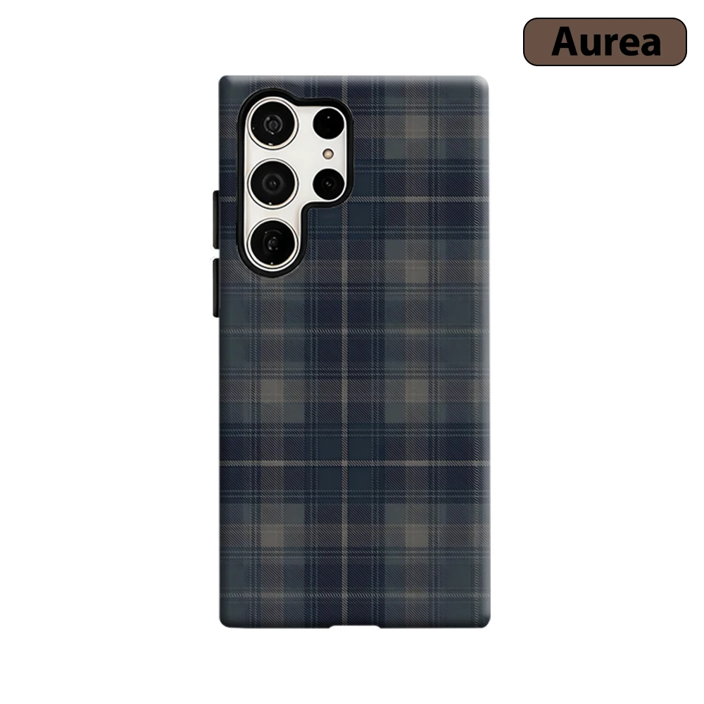 Navy Plaid Phone Case for Samsung Galaxy S25 Ultra S24 S23 Ultra Plus Shockproof Double Layer Tough Back Cover