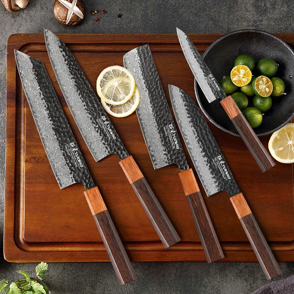 TURWHO 1-5PCS Kitchen Knives Set Hand Forged Damascus Steel Japanese Handmade Chef Knife Cleaver Santoku Utility Cooking Tools
