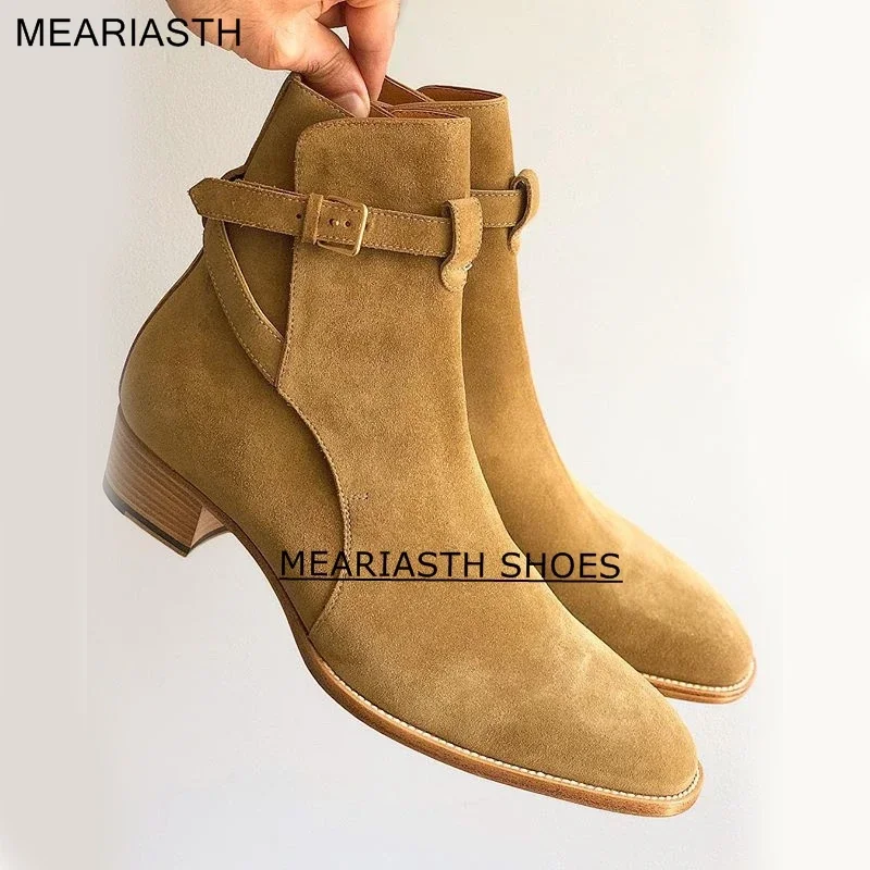 

Meariasth Pointed Toe Slim men Suede Leather Booties genuine leather ankle strap Buckled wedge Chelsea Men denim Cowboy Boots