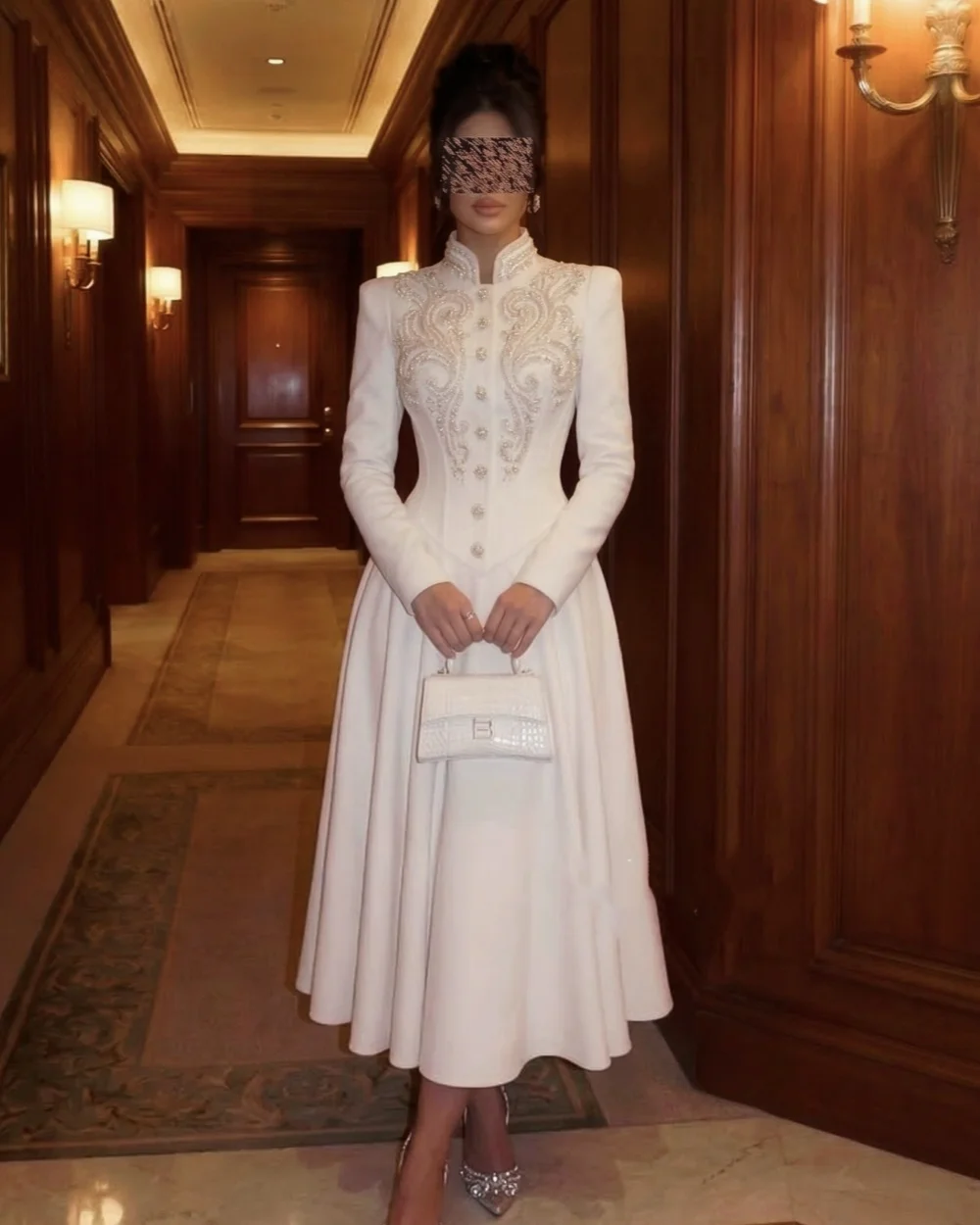 

Customized Matching Women Jersey Rhinestone Beading A-Line Evening Dresses Classic High Collar Long Sleeves Ankle Length Dresses