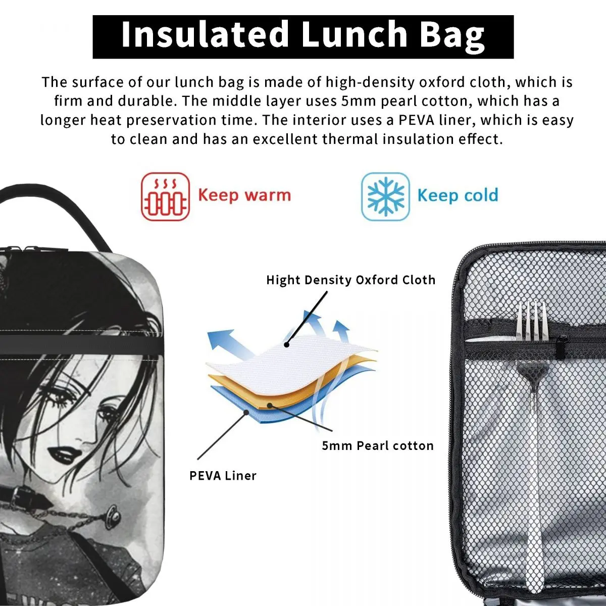 Nana Manga Art Isolado Lunch Bag, sacos de comida, refrigerador reutilizável, caixas térmicas para escola e escritório, pedras pretas