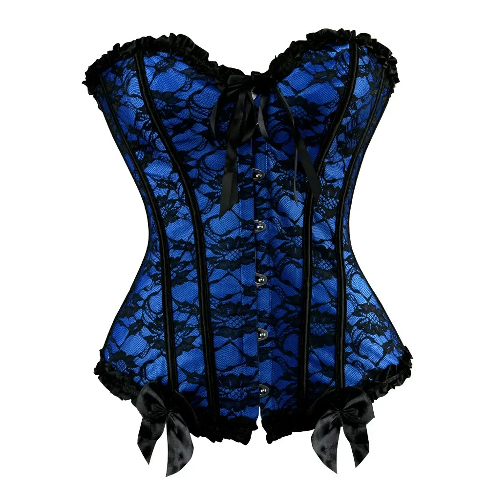 Women Gothic Corset Top Vintage Floral Lace Overbust Bustier Plus Size Lingerie Blue Purple