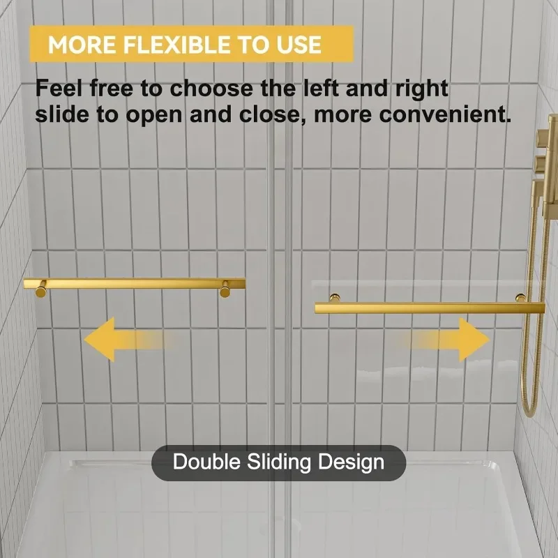 Porta doccia con chiusura morbida da 56-60 pollici di larghezza - Doppio cursore senza telaio dorato, vetro da 8 mm