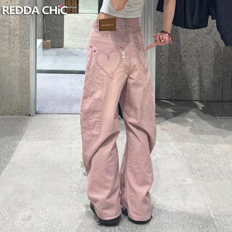

Джинсы-карго ReddaChic с широкими штанинами и пэчворком для женщин, розовые, с эффектом потертости, свободного кроя, с высокой талией, мешковатые, в стиле Kawaii Streetwear