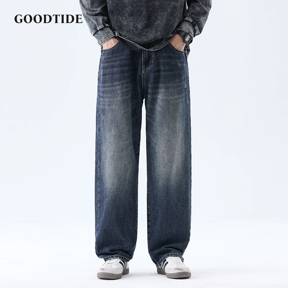 

Fashion Men's Blue Washed Straight Jeans 2025 Autumn New Button Design Loose Casual Denim Trousers Size 28-40