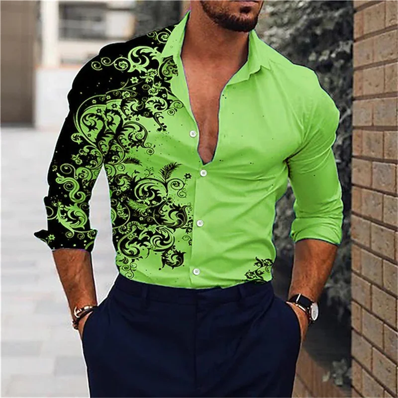 

Beautiful Colorful Pattern Hawaiian Shirts For Men Color Block 3D Printed Blouse Casual Loose Aloha Shirts Long Sleeves Tops